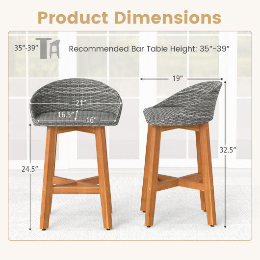 Outdoor Faux Rattan Bar Chairs Set of 2 with Ergonomic Backrests and Footrests-Brown W2B
