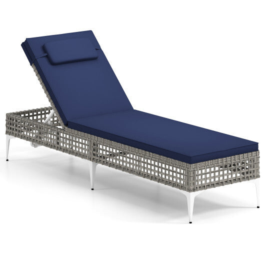 Patio Chaise Lounge Chair with 6-Level Adjustable Backrest and Headrest for Poolside-Navy W2B