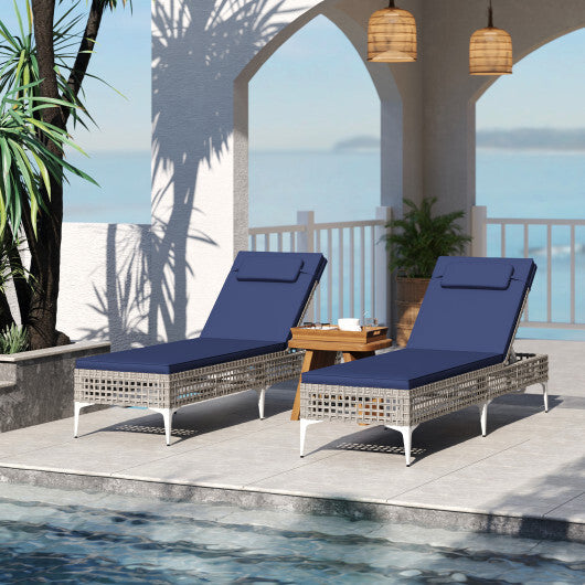 Patio Chaise Lounge Chair with 6-Level Adjustable Backrest and Headrest for Poolside-Navy W2B