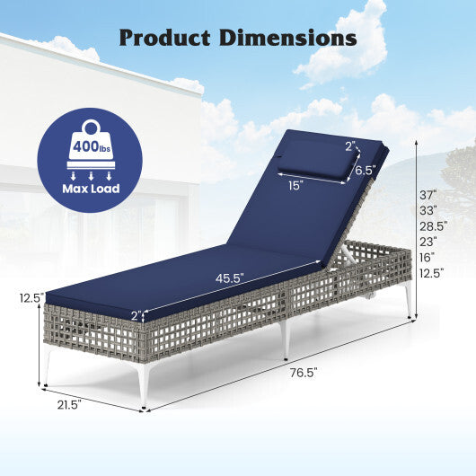 Patio Chaise Lounge Chair with 6-Level Adjustable Backrest and Headrest for Poolside-Navy W2B