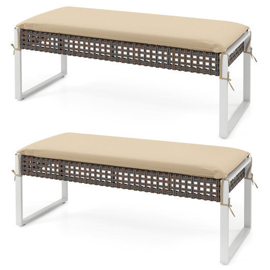 43 Inch Patio Rectangle Ottoman Pack of 2 with Metal Legs and Seat Cushion-Beige W2B