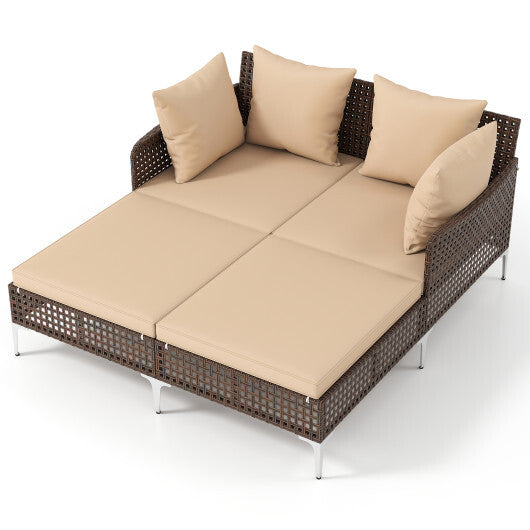 Outdoor Rattan Double Daybed Wicker Chaise Lounge-Brown