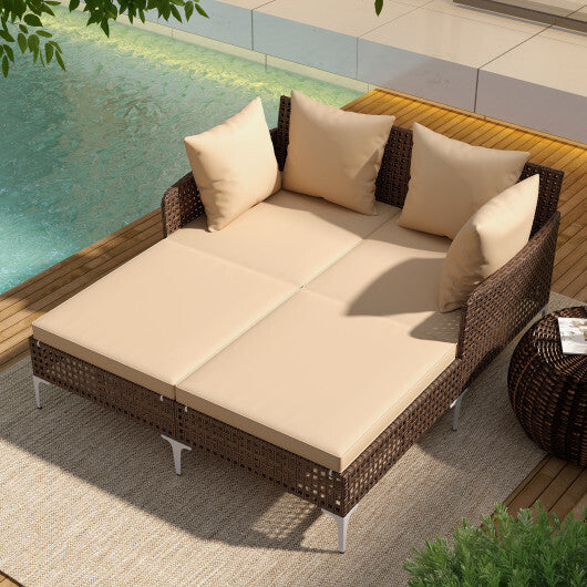 Outdoor Rattan Double Daybed Wicker Chaise Lounge-Brown