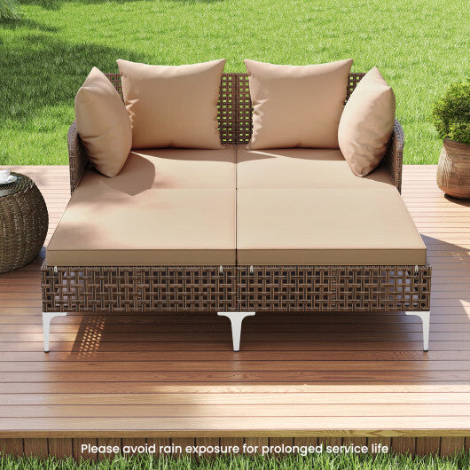 Outdoor Rattan Double Daybed Wicker Chaise Lounge-Brown