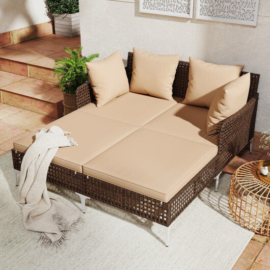Outdoor Rattan Double Daybed Wicker Chaise Lounge-Brown