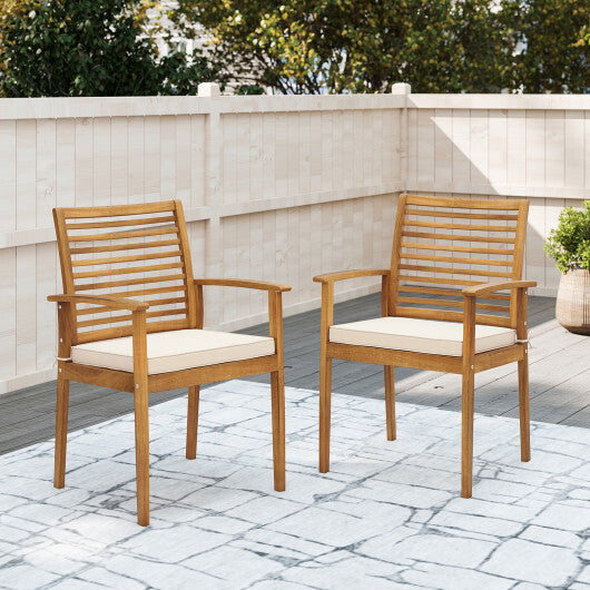 Outdoor Patio Dining Chairs Set of 2 with Removable Padded Cushion and Slatted Backrest-Beige W2B