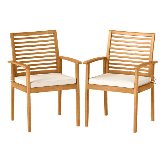 Outdoor Patio Dining Chairs Set of 2 with Removable Padded Cushion and Slatted Backrest-Beige