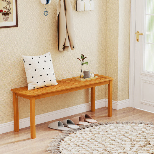 Acacia wood outdoor bench with slatted seat for garden