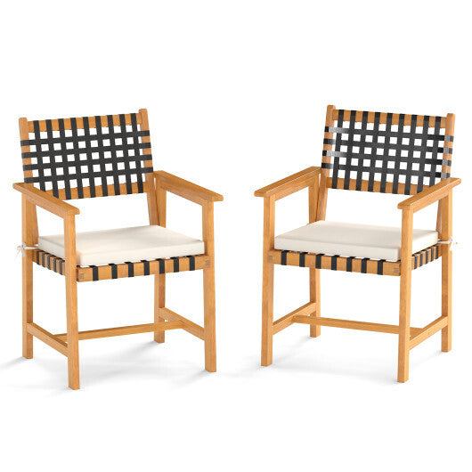 Outdoor Wooden Dining Chair Set of 2 with Armrests and Curved Back-White