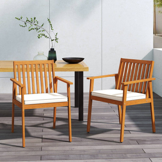 2 Pieces Patio Dining Chairs Outdoor Acacia Wood Chairs with Removable Padded Cushion-Natural