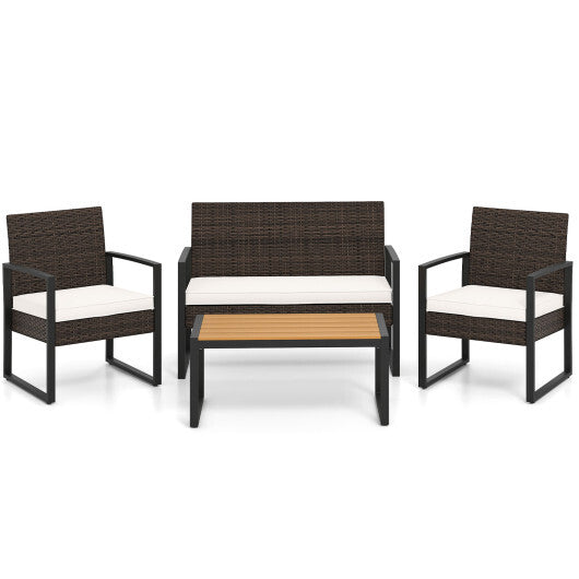 4 Piece Patio Furniture Set Outdoor Rattan Conversation Set with Cushioned Chairs and Wood Plastic Coffee Table-Off White