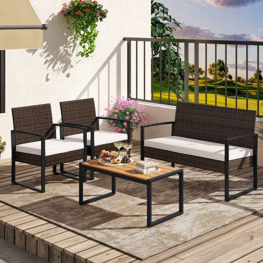 4 Piece Patio Furniture Set Outdoor Rattan Conversation Set with Cushioned Chairs and Wood Plastic Coffee Table-Off White