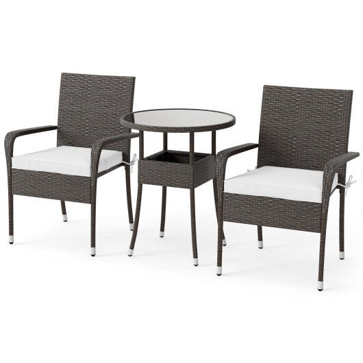 3-Piece Patio Furniture Set PE Rattan Wicker Chairs with Tempered Glass Top Table-White W2B