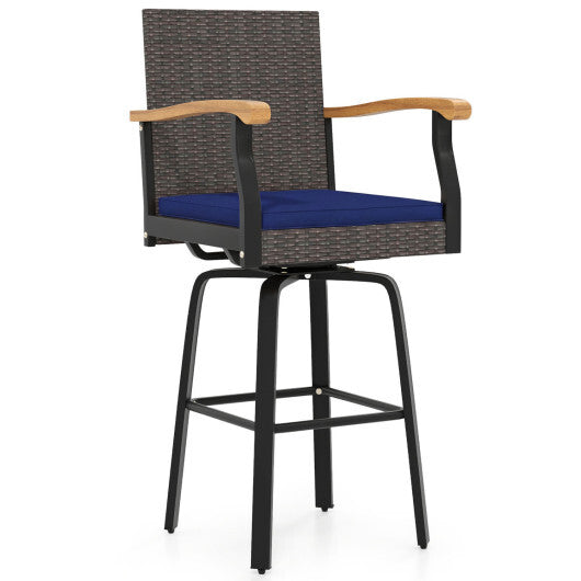 Outdoor 360 Swivel Bar Stool with Cushion and Acacia Wood Armrests-F-Navy W2B