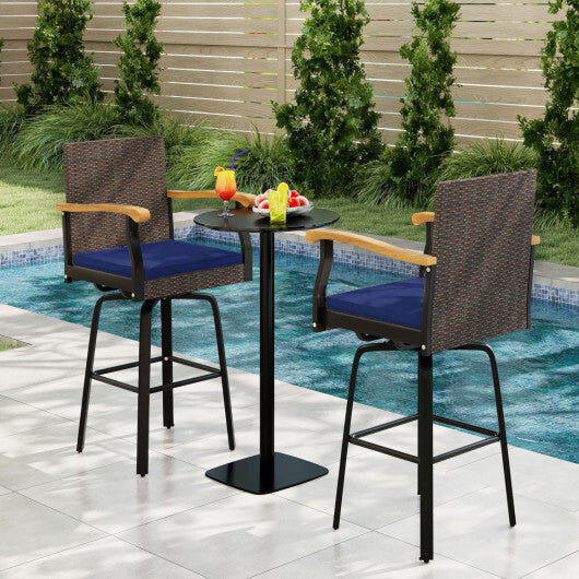 Outdoor 360 Swivel Bar Stool with Cushion and Acacia Wood Armrests-F-Navy W2B