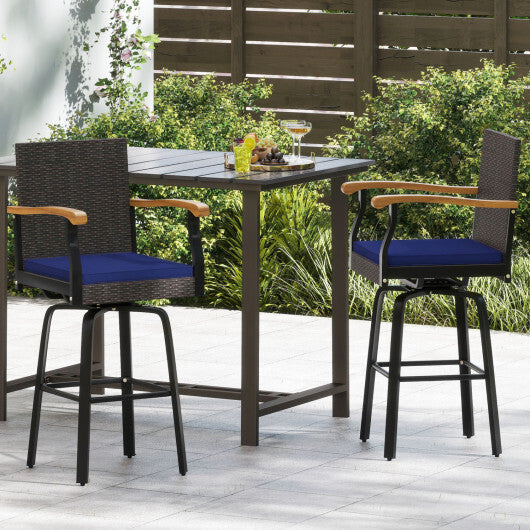Outdoor 360 Swivel Bar Stool with Cushion and Acacia Wood Armrests-F-Navy W2B
