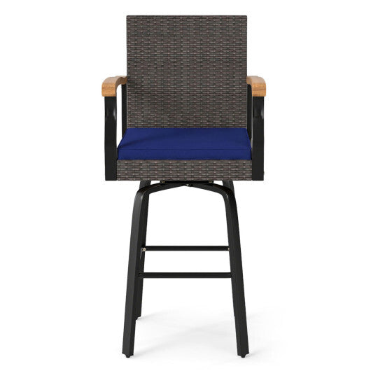 Outdoor 360 Swivel Bar Stool with Cushion and Acacia Wood Armrests-F-Navy W2B