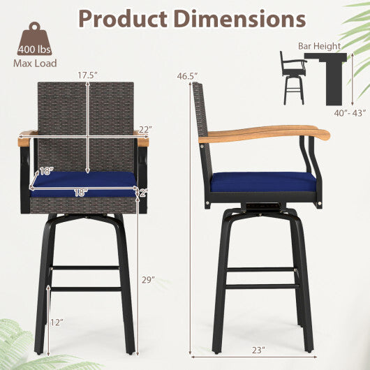 Outdoor 360 Swivel Bar Stool with Cushion and Acacia Wood Armrests-F-Navy W2B