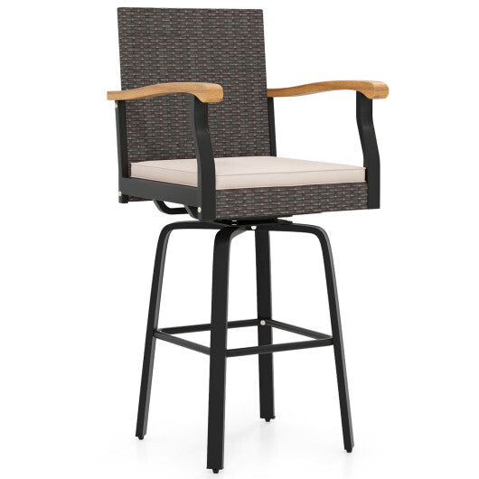 Outdoor 360 Swivel Bar Stool with Cushion and Acacia Wood Armrests-F-Navy W2B
