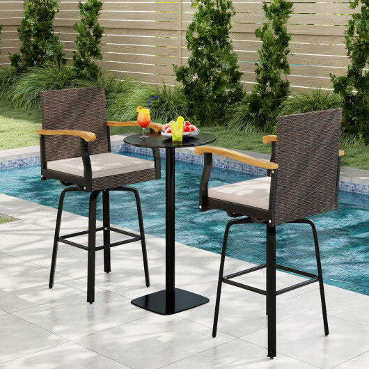 Outdoor 360 Swivel Bar Stool with Cushion and Acacia Wood Armrests-F-Navy W2B