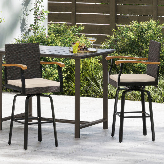 Outdoor 360 Swivel Bar Stool with Cushion and Acacia Wood Armrests-F-Navy W2B