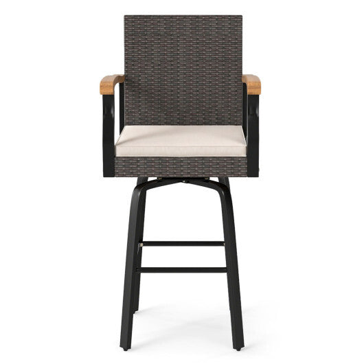 Outdoor 360 Swivel Bar Stool with Cushion and Acacia Wood Armrests-F-Navy W2B