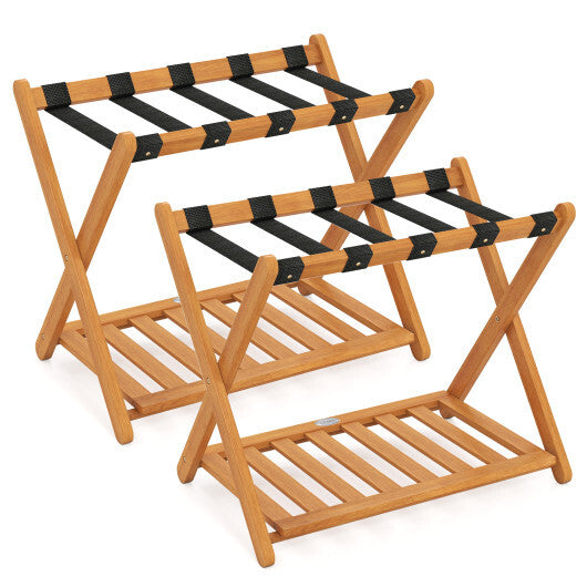 Set of 2 Folding Luggage Racks with 5 Nylon Straps and Slatted Storage Shelf