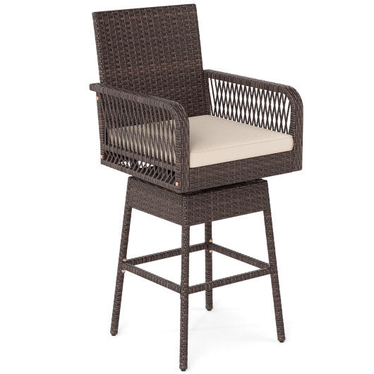 29" Bar Height Patio 360? Swivel Bar Stool with Cross-Woven Armrests Footrest and Seat Cushion-Brown W2B