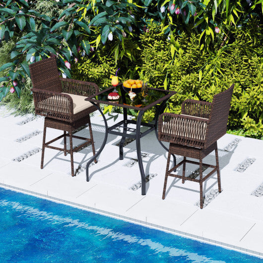 29" Bar Height Patio 360? Swivel Bar Stool with Cross-Woven Armrests Footrest and Seat Cushion-Brown W2B