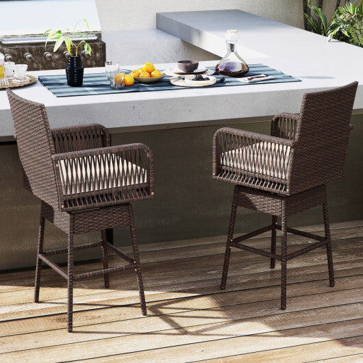 29" Bar Height Patio 360? Swivel Bar Stool with Cross-Woven Armrests Footrest and Seat Cushion-Brown W2B