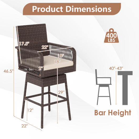 29" Bar Height Patio 360? Swivel Bar Stool with Cross-Woven Armrests Footrest and Seat Cushion-Brown W2B