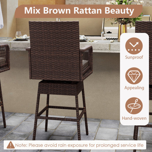 29" Bar Height Patio 360? Swivel Bar Stool with Cross-Woven Armrests Footrest and Seat Cushion-Brown W2B