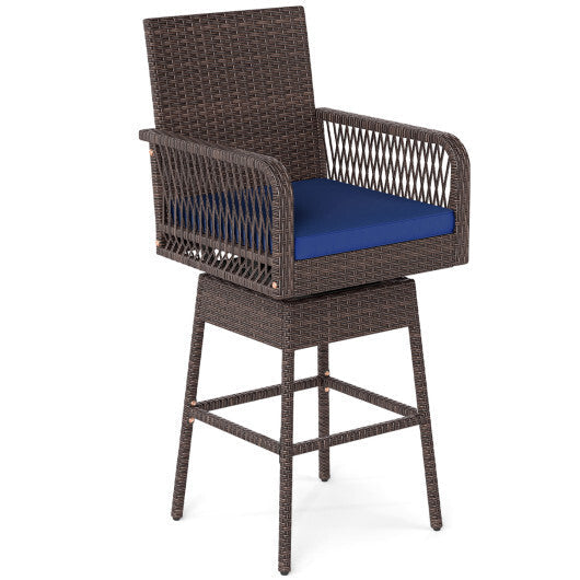29" Bar Height Patio 360? Swivel Bar Stool with Cross-Woven Armrests Footrest and Seat Cushion-Brown W2B