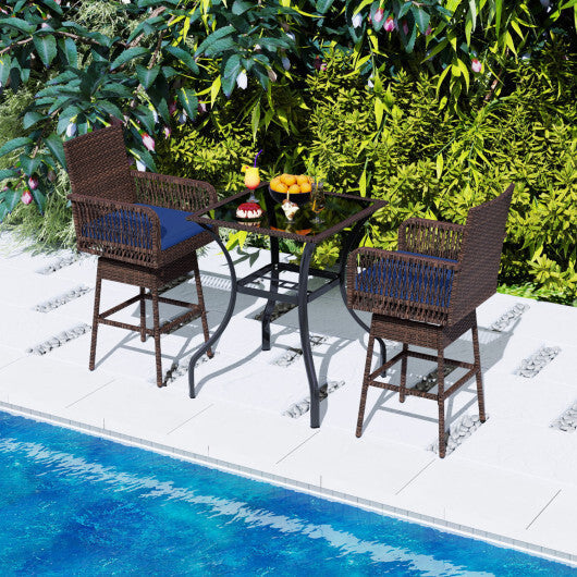 29" Bar Height Patio 360? Swivel Bar Stool with Cross-Woven Armrests Footrest and Seat Cushion-Brown W2B