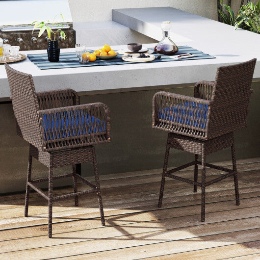 29" Bar Height Patio 360? Swivel Bar Stool with Cross-Woven Armrests Footrest and Seat Cushion-Brown W2B