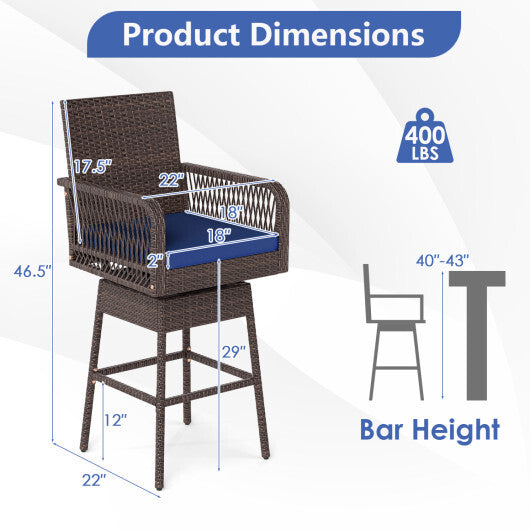 29" Bar Height Patio 360? Swivel Bar Stool with Cross-Woven Armrests Footrest and Seat Cushion-Brown W2B