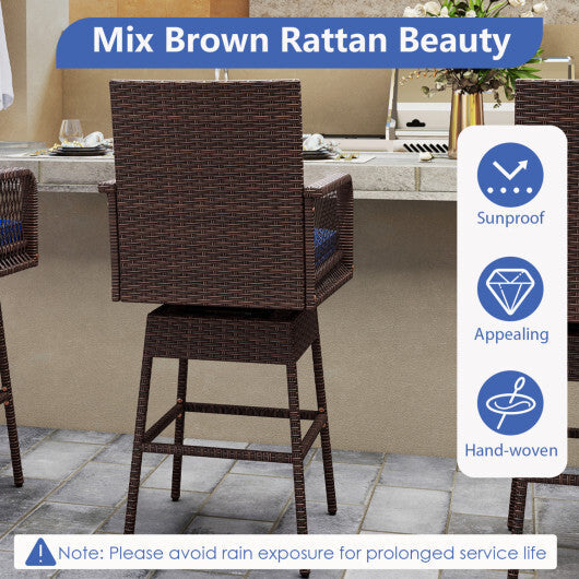 29" Bar Height Patio 360? Swivel Bar Stool with Cross-Woven Armrests Footrest and Seat Cushion-Brown W2B