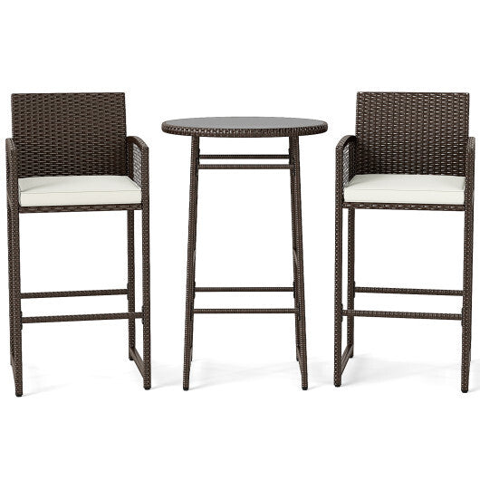 3 Piece Patio Bar Set Outdoor Wicker Bar Height Table and Armchairs-White