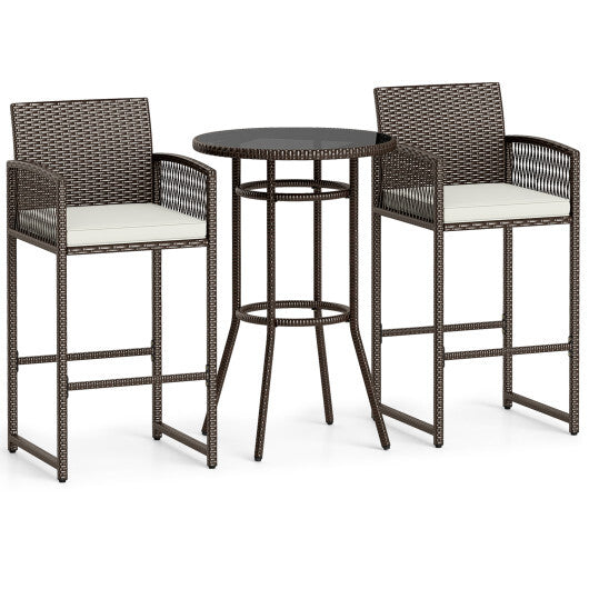 3 Piece Patio Bar Set Outdoor Wicker Bar Height Round Table and Armchairs-White