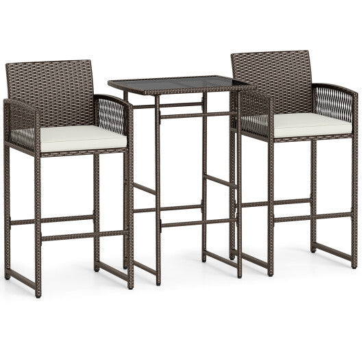 3 Piece Patio Bar Set Outdoor Wicker Bar Height Table and Armchairs with 2 Seat Cushions-White