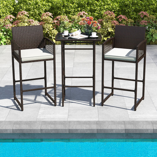 3 Piece Patio Bar Set Outdoor Wicker Bar Height Table and Armchairs with 2 Seat Cushions-White