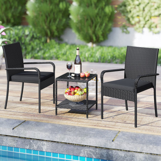 3 Piece Patio Furniture Set with Seat Cushions and Tempered Glass Tabletop-Black