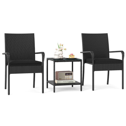3 Piece Patio Furniture Set with Seat Cushions and Tempered Glass Tabletop-Black