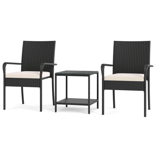 3 Piece Patio Furniture Set with Seat Cushions and Tempered Glass Tabletop-Black