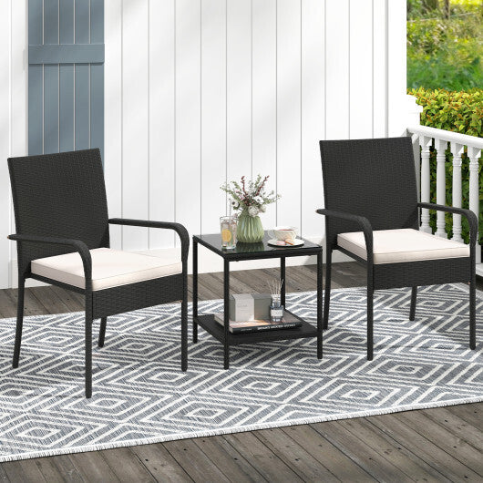 3 Piece Patio Furniture Set with Seat Cushions and Tempered Glass Tabletop-Black
