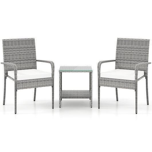 3 Piece Patio Furniture Set with Seat Cushions and Tempered Glass Tabletop for Balcony-White W2B