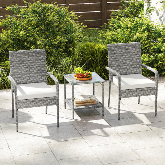 3 Piece Patio Furniture Set with Seat Cushions and Tempered Glass Tabletop for Balcony-White W2B