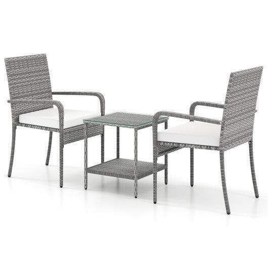 3 Piece Patio Furniture Set with Seat Cushions and Tempered Glass Tabletop for Balcony-White W2B