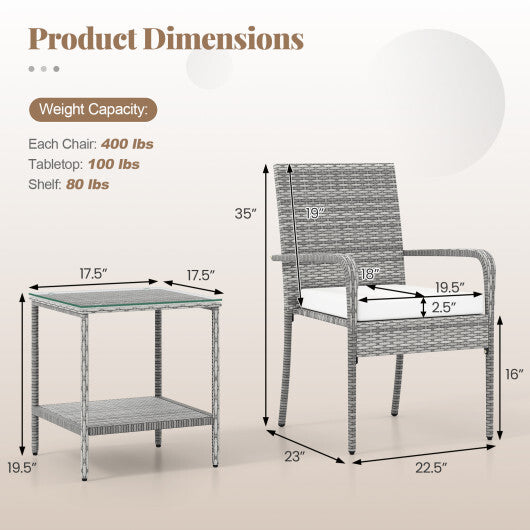 3 Piece Patio Furniture Set with Seat Cushions and Tempered Glass Tabletop for Balcony-White W2B