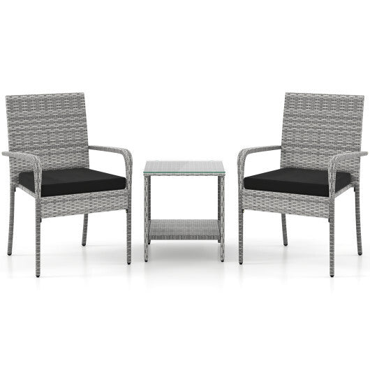 3 Piece Patio Furniture Set with Seat Cushions and Tempered Glass Tabletop for Balcony-White W2B